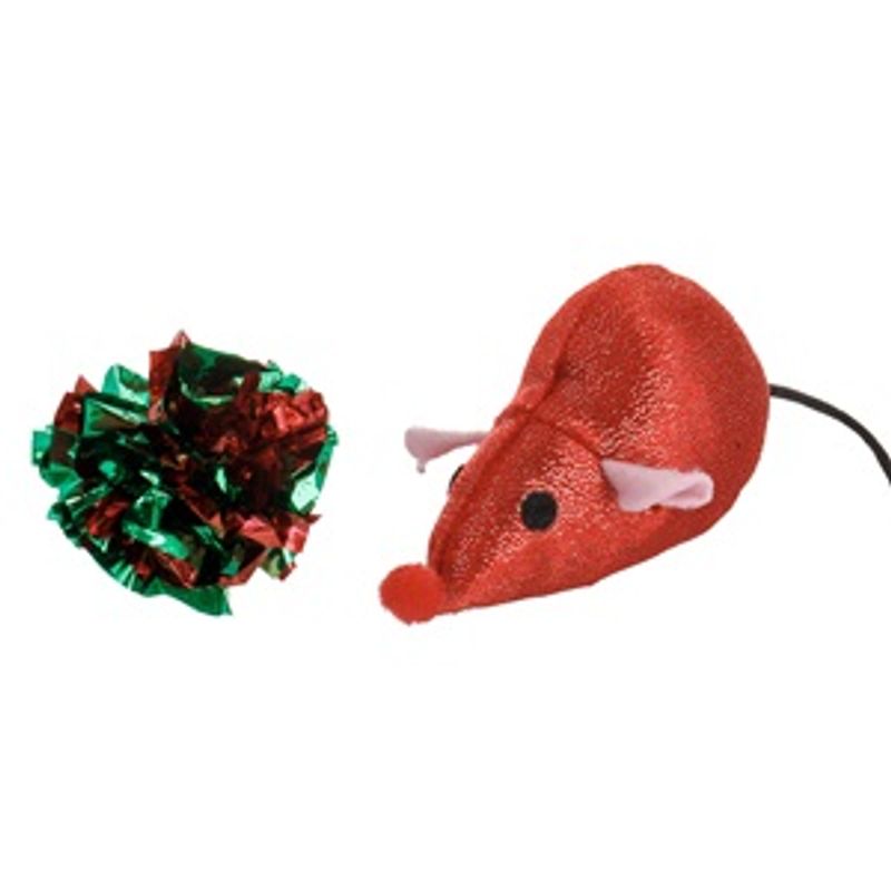 Petshop - Accesorii petshop - Jucarii animale - Jucarii interactive animale - Jucarie de Craciun pentru Pisici, Soricel Rosu cu Pompon, Set 2 buc - Infinity.ro