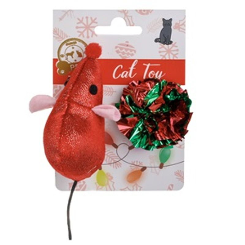 Petshop - Accesorii petshop - Jucarii animale - Jucarii interactive animale - Jucarie de Craciun pentru Pisici, Soricel Rosu cu Pompon, Set 2 buc - Infinity.ro