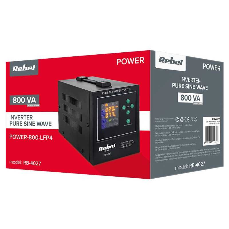 PC, gaming si accesorii - UPS-uri - UPS-uri fara management - UPS centrala termica, 800 VA, 500 W, 12 V, Rebel, RB-4027, POWER-800-LFP4, functii multiple, sinusoida pura - Infinity.ro