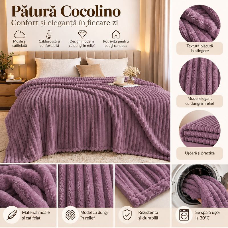 Casa si Gradina - Textile si covoare - Pături și cuverturi - Cuverturi - Patura Cocolino Pufoasa si Catifelata, Model cu Dungi in Relief, 200x230 cm, Culoare Mov prafuit - Infinity.ro