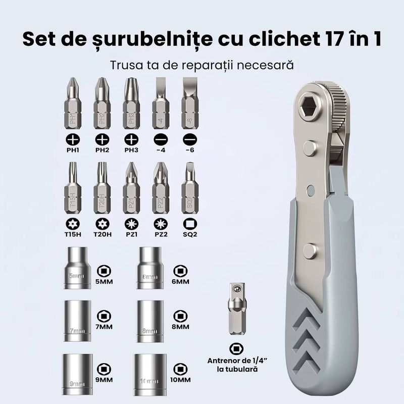 Casa si Gradina - Constructii - Scule de mana si unelte - Surubelnite - Set Surubelnite Precizie Magnetice AXTH 17 in 1, 16 Biti din Otel, 90 Grade, Maner Ergonomic, Proiecte DIY, Gri - Infinity.ro