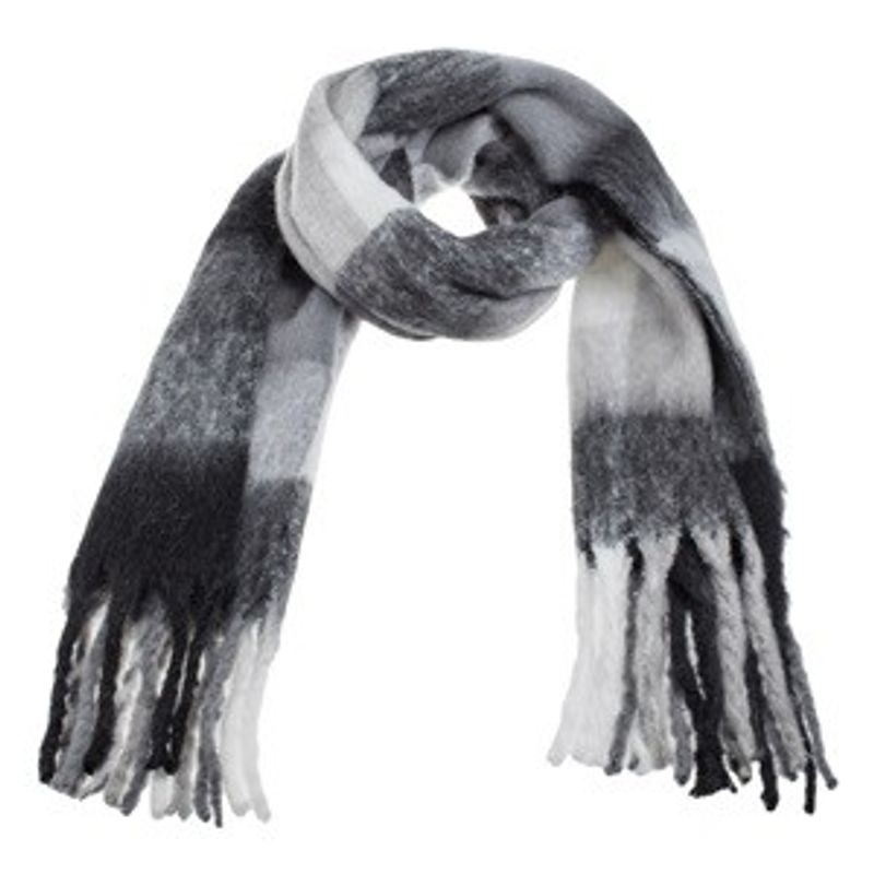 Fashion, accesorii si bijuterii - Femei - Accesorii femei - Esarfe si fulare femei - Esarfa cu Carouri si Franjuri Lungi, 180x48cm, Neagra/Gri - Infinity.ro