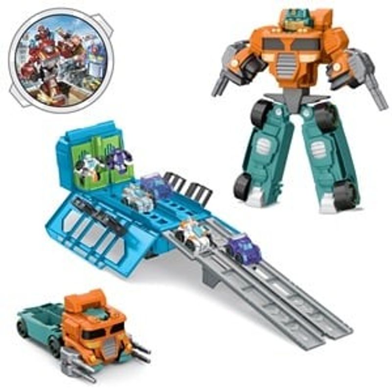 Jucarii, Copii si Bebe - Jucarii si jocuri - Vehicule si jucarii cu telecomanda - Roboti de jucarie - Robot Transformabil in Camion cu Pista de Curse, Set 3 in 1, Portocaliu - Infinity.ro