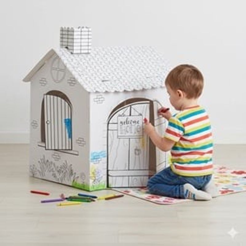 Casa si Gradina - Gradina si terasa - Casute de gradina - Casuta 3D din carton pentru colorat, cu 5 markere si decoratiuni, 53x43x69cm - Infinity.ro