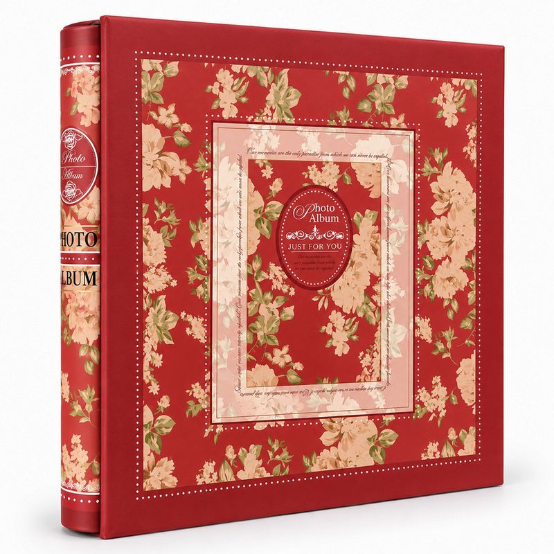 Market - Cadouri - Rame si albume foto - Album foto premium cu cutie, 500 poze 10x15 cm, 50 file, coperta carton gros, model floral vintage, 34x32x6 cm culoare rosu - Infinity.ro