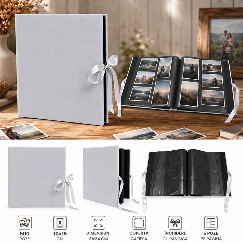 Market - Cadouri - Rame si albume foto - Album foto premium velvet 500 poze 10x15 cm, catifea gri, file negre, inchidere panglica satinata - Infinity.ro