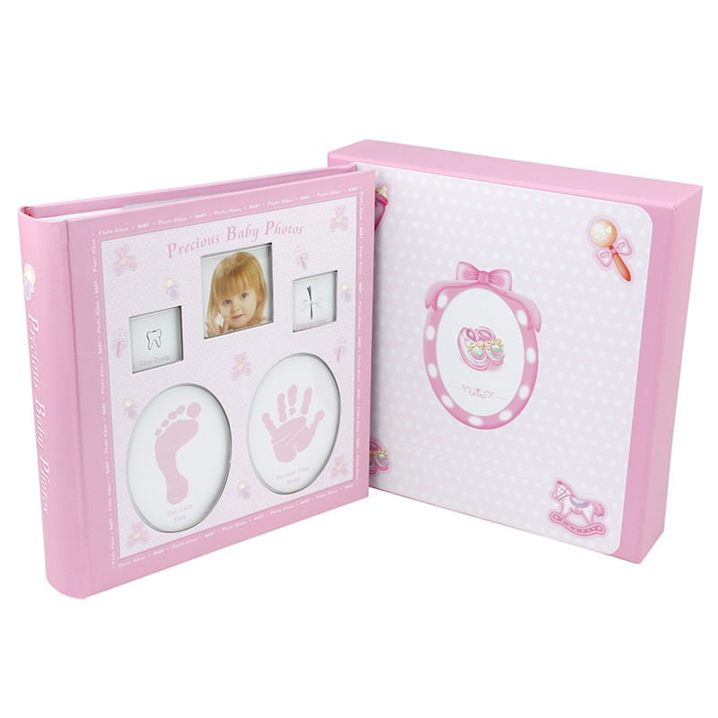 Market - Cadouri - Rame si albume foto - Album foto baby personalizabil, 200 poze, 10x15, amprente bebelus, cutie culoare roz - Infinity.ro