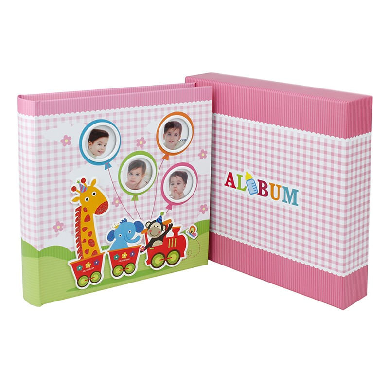 Market - Cadouri - Rame si albume foto - Album foto baby train personalizabil 50 file tip carte 200 poze format 10x15 culoare roz - Infinity.ro