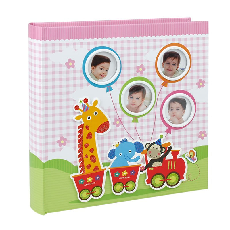 Market - Cadouri - Rame si albume foto - Album foto baby train personalizabil 50 file tip carte 200 poze format 10x15 culoare roz - Infinity.ro