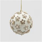 Casa si Gradina - Decoratiuni - Decoratiuni de sezon - Glob brad Craciun din catifea cu flori si perle, 10 cm, alb - Infinity.ro