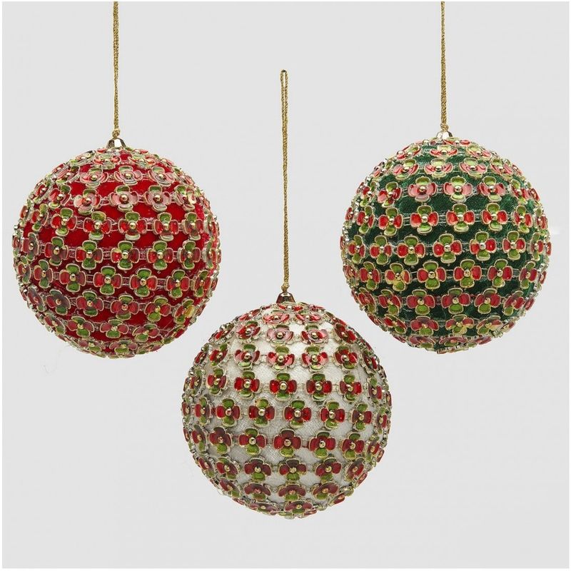 Casa si Gradina - Decoratiuni - Decoratiuni de sezon - Set 3 globuri brad Craciun cu flori decorative, 10 cm, multicolor - Infinity.ro