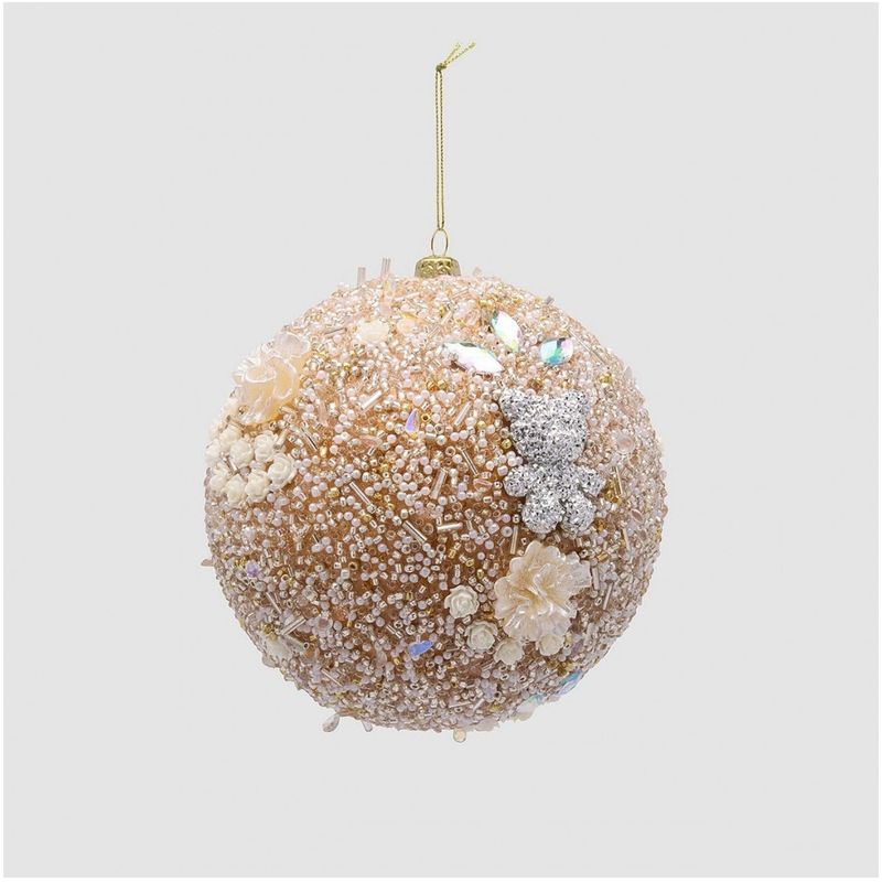 Casa si Gradina - Decoratiuni - Decoratiuni de sezon - Glob brad Craciun cu margele si flori, 10 cm, auriu - Infinity.ro