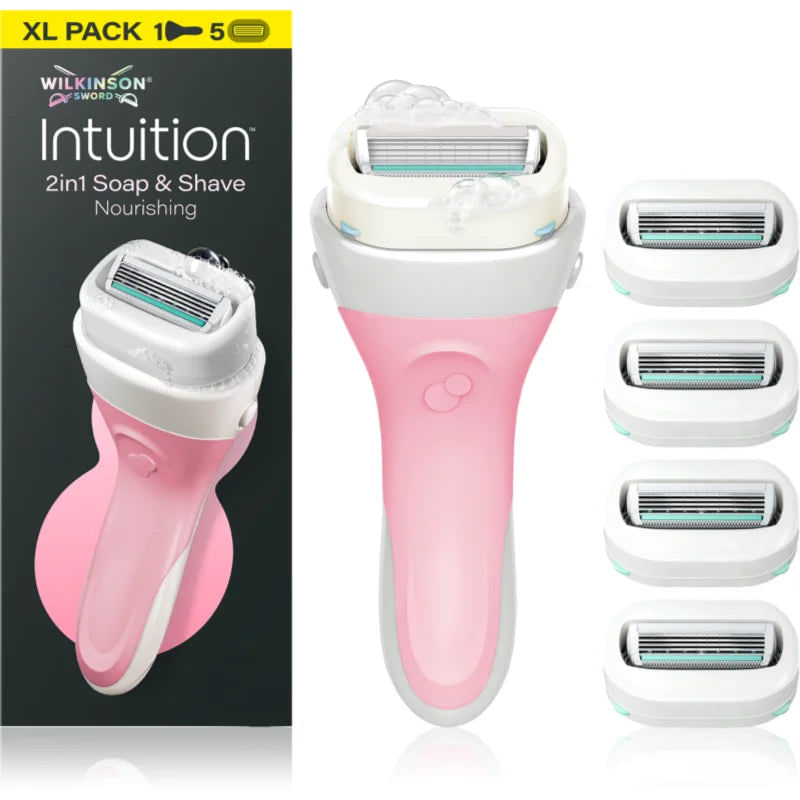 Ingrijire personala si Cosmetice - Aparate & accesorii ingrijire personala - Aparate de ras si tuns - Aparate de ras clasice - Aparat de ras pentru femei Wilkinson Sword Intuition 2 in 1 Nourishing, 4 lame, maner + 5 rezerve - Infinity.ro