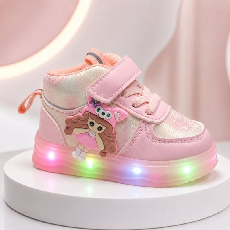 Fashion, accesorii si bijuterii - Copii - Incaltaminte copii - Sneakers si tenisi copii - Pantofi sport inalti cu luminite, Model Papusa, Piele ecologica, Fete, Roz Marimea 24 - Roz - Infinity.ro