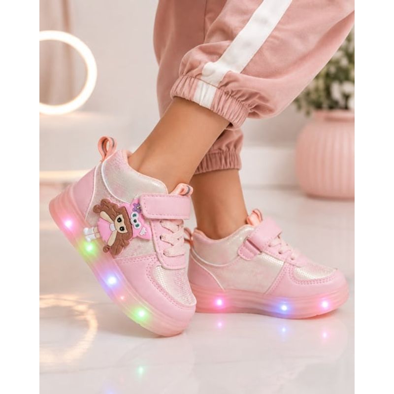 Fashion, accesorii si bijuterii - Copii - Incaltaminte copii - Sneakers si tenisi copii - Pantofi sport inalti cu luminite, Model Papusa, Piele ecologica, Fete, Roz Marimea 24 - Roz - Infinity.ro