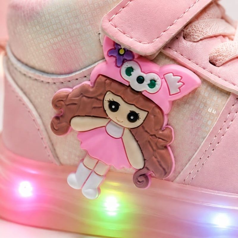 Fashion, accesorii si bijuterii - Copii - Incaltaminte copii - Sneakers si tenisi copii - Pantofi sport inalti cu luminite, Model Papusa, Piele ecologica, Fete, Roz Marimea 24 - Roz - Infinity.ro