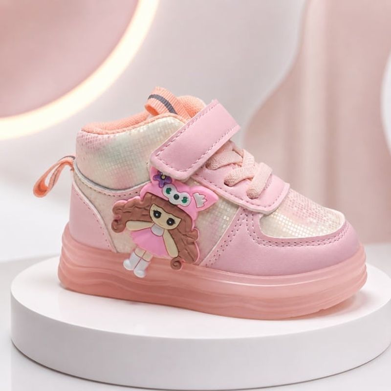 Fashion, accesorii si bijuterii - Copii - Incaltaminte copii - Sneakers si tenisi copii - Pantofi sport inalti cu luminite, Model Papusa, Piele ecologica, Fete, Roz Marimea 24 - Roz - Infinity.ro