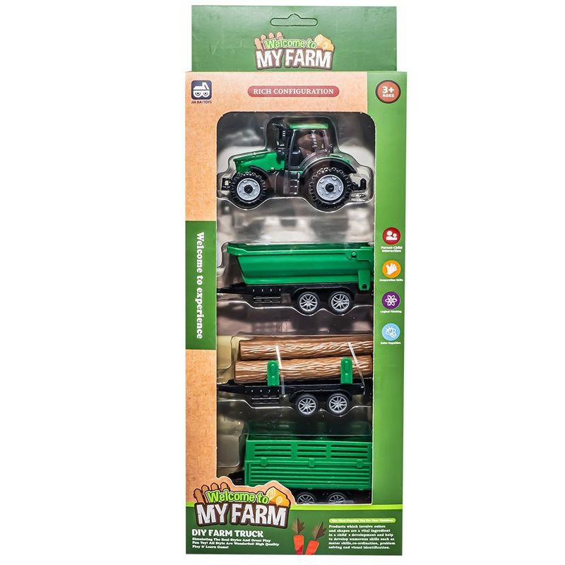 Jucarii, Copii si Bebe - Jucarii si jocuri - Vehicule si jucarii cu telecomanda - Masinute - Mini Tractor de Jucarie cu 3 Remorci Intercomportabile si Busteni, Basculabila, Mecanism prin Impingere, 3 ani+ - Infinity.ro