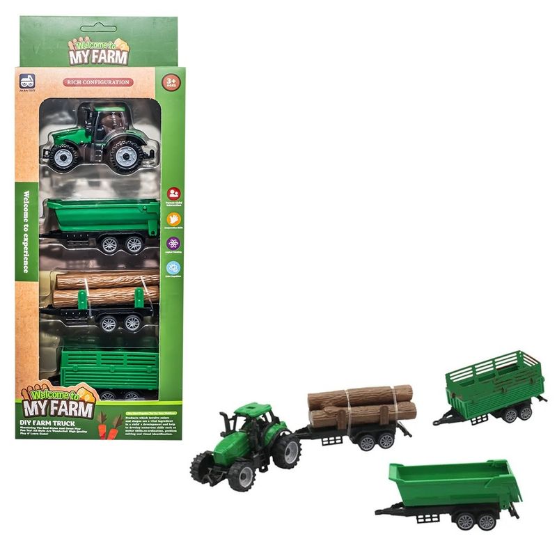 Jucarii, Copii si Bebe - Jucarii si jocuri - Vehicule si jucarii cu telecomanda - Masinute - Mini Tractor de Jucarie cu 3 Remorci Intercomportabile si Busteni, Basculabila, Mecanism prin Impingere, 3 ani+ - Infinity.ro