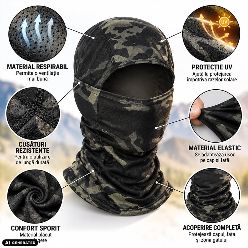 Auto si Moto - Moto - Echipamente protectie moto - Imbracaminte moto - Cagula Tactica FIXATO, 6in1 Multifunctionala, Protectie UV, Material elastic, respirabil, Marime universala, Shadow Camo - Infinity.ro