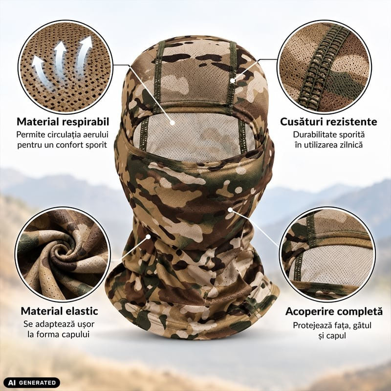 Auto si Moto - Moto - Echipamente protectie moto - Imbracaminte moto - Cagula Tactica FIXATO, 6in1 Multifunctionala, Protectie UV, Material elastic, respirabil, Marime universala, Desert Camo - Infinity.ro
