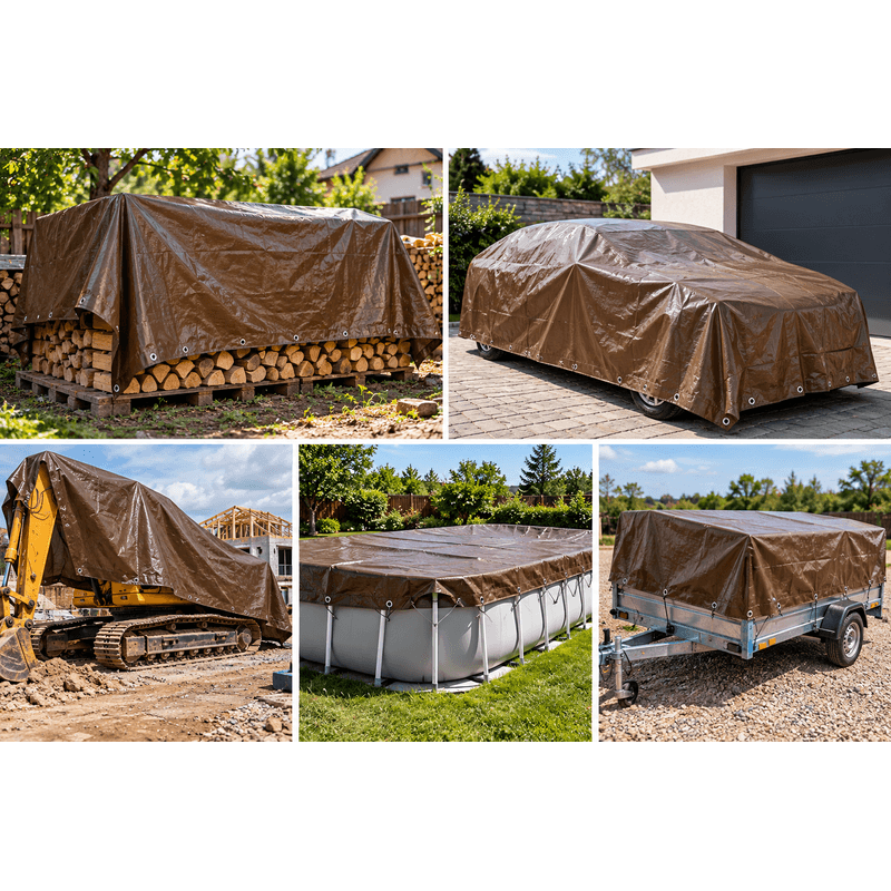 Casa si Gradina - Gradinarit si plante - Sere si solarii - Prelata impermeabila, 3x5m, densitate 200 g/mp, maro, cu inele metalice, pentru protectie lemne, utilaje si materiale - Infinity.ro
