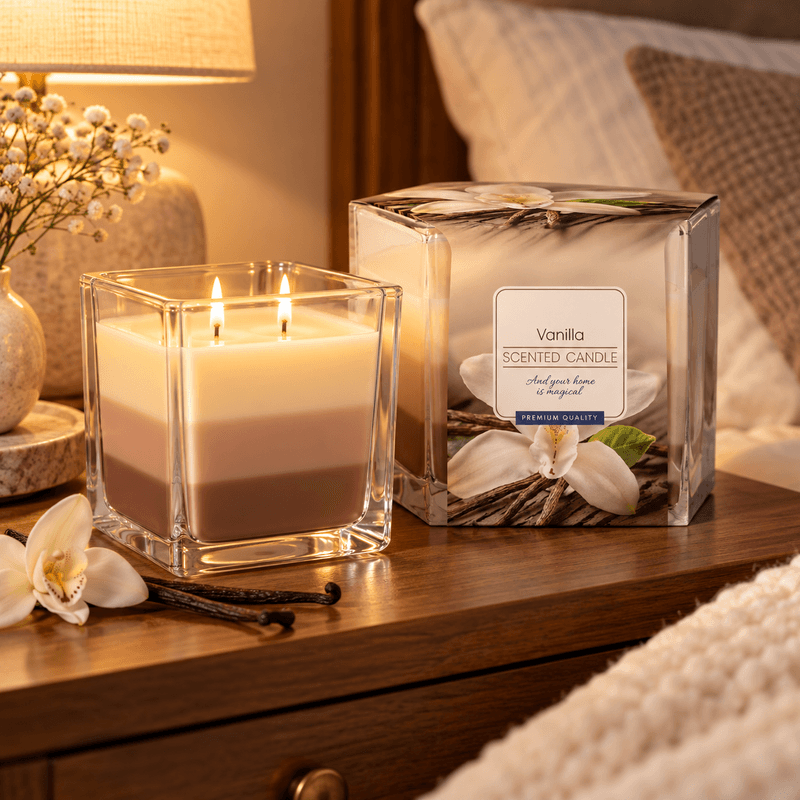 Casa si Gradina - Decoratiuni - Aromaterapie si lumanari - Lumanari si candele - Lumanare parfumata cu aroma de vanilie, in recipient din sticla, design decorativ tricolor, timp de ardere 32 ore, 170 g - Infinity.ro