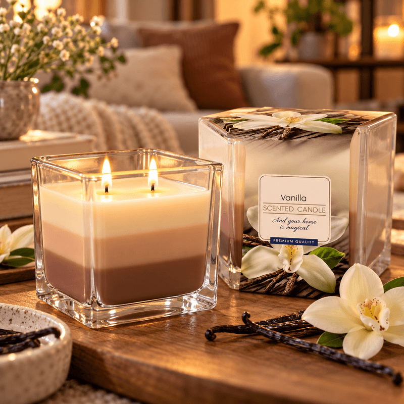Casa si Gradina - Decoratiuni - Aromaterapie si lumanari - Lumanari si candele - Lumanare parfumata cu aroma de vanilie, in recipient din sticla, design decorativ tricolor, timp de ardere 32 ore, 170 g - Infinity.ro