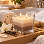 Casa si Gradina - Decoratiuni - Aromaterapie si lumanari - Lumanari si candele - Lumanare parfumata cu aroma de vanilie, in recipient din sticla, design decorativ tricolor, timp de ardere 32 ore, 170 g - Infinity.ro
