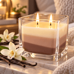 Casa si Gradina - Decoratiuni - Aromaterapie si lumanari - Lumanari si candele - Lumanare parfumata cu aroma de vanilie, in recipient din sticla, design decorativ tricolor, timp de ardere 32 ore, 170 g - Infinity.ro