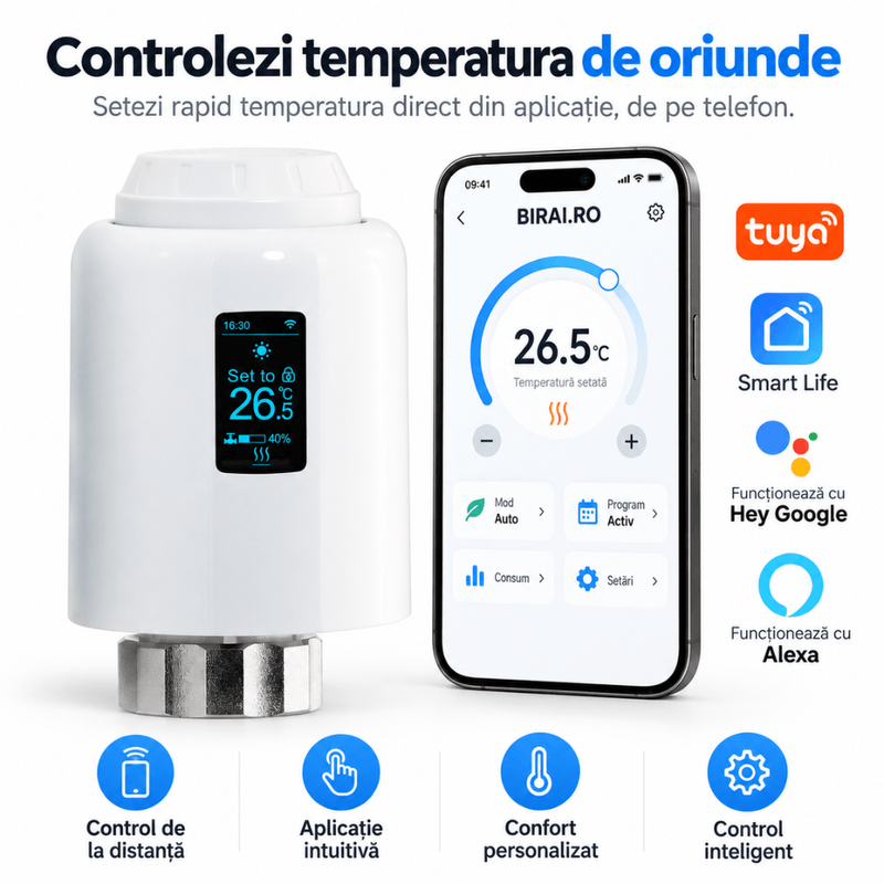 Casa si Gradina - Termice - Centrale termice si accesorii - Accesorii incalzire - Termostat Inteligent WiFi pentru Calorifer, Robinet Termostatic Smart, BIRAI ThermoValve Vision, Control din Aplicatie, Tuya & Smart Life, Alexa, Goog - Infinity.ro