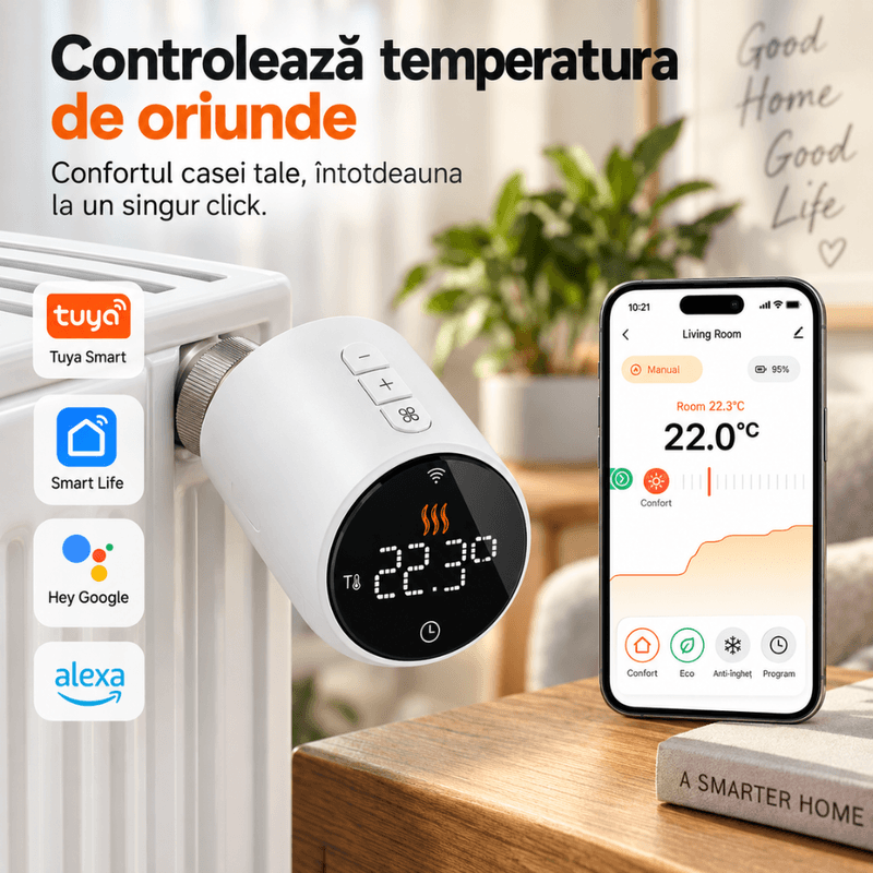 Casa si Gradina - Termice - Centrale termice si accesorii - Accesorii incalzire - Termostat Inteligent WiFi pentru Calorifer, BIRAI ThermoValve Pro, Control din Aplicatie, Alb, M30x1, 5mm - Infinity.ro