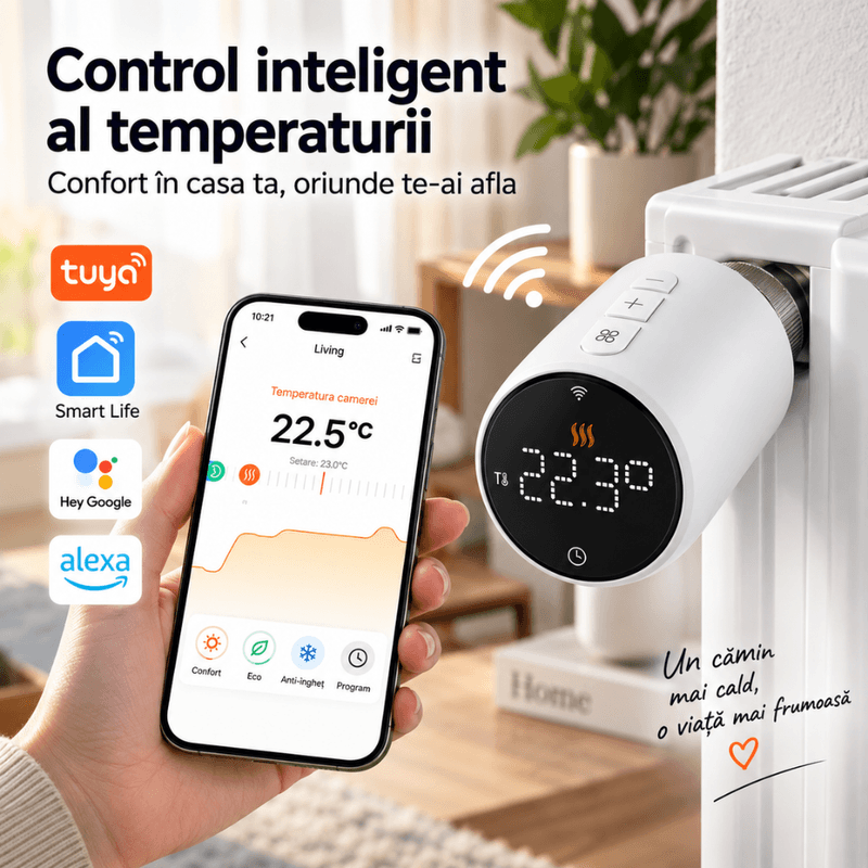 Casa si Gradina - Termice - Centrale termice si accesorii - Accesorii incalzire - Termostat Inteligent WiFi pentru Calorifer, BIRAI ThermoValve Pro, Control din Aplicatie, Alb, M30x1, 5mm - Infinity.ro