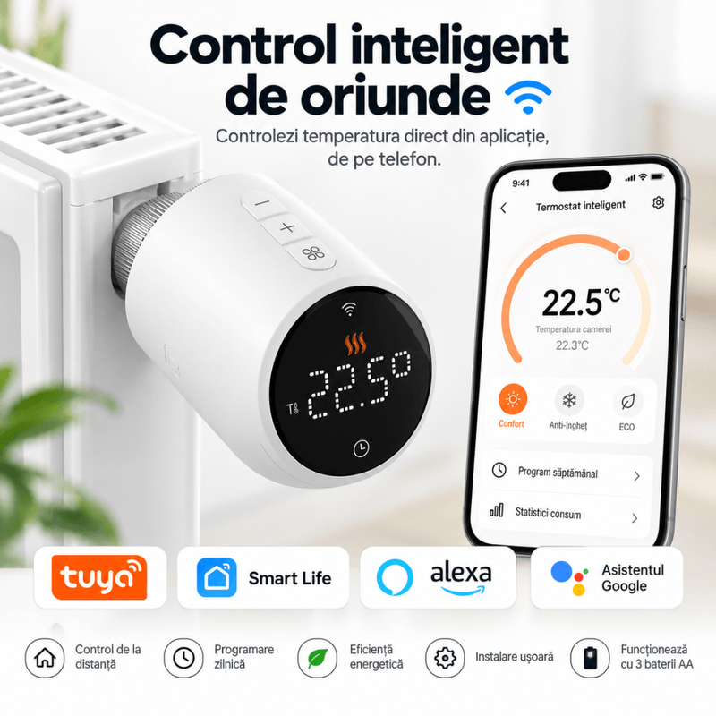 Casa si Gradina - Termice - Centrale termice si accesorii - Accesorii incalzire - Termostat Inteligent WiFi pentru Calorifer, BIRAI ThermoValve Pro, Control din Aplicatie, Alb, M30x1, 5mm - Infinity.ro