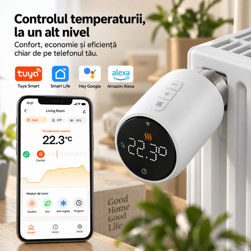 Casa si Gradina - Termice - Centrale termice si accesorii - Accesorii incalzire - Termostat Inteligent WiFi pentru Calorifer, BIRAI ThermoValve Pro, Control din Aplicatie, Alb, M30x1, 5mm - Infinity.ro