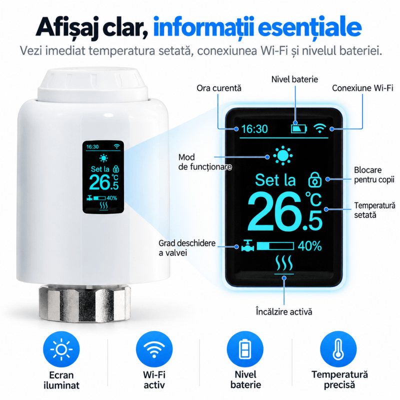 Casa si Gradina - Termice - Centrale termice si accesorii - Accesorii incalzire - Termostat Inteligent WiFi pentru Calorifer, Robinet Termostatic Smart, BIRAI ThermoValve Vision, Control din Aplicatie, Tuya & Smart Life, Alexa, Goog - Infinity.ro