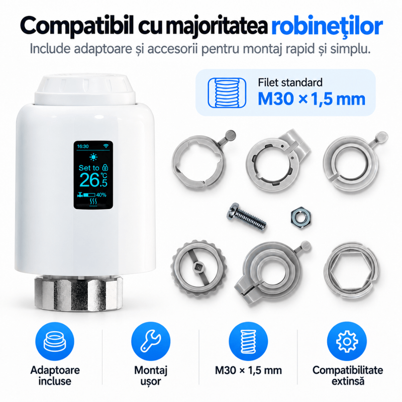 Casa si Gradina - Termice - Centrale termice si accesorii - Accesorii incalzire - Termostat Inteligent WiFi pentru Calorifer, Robinet Termostatic Smart, BIRAI ThermoValve Vision, Control din Aplicatie, Tuya & Smart Life, Alexa, Goog - Infinity.ro