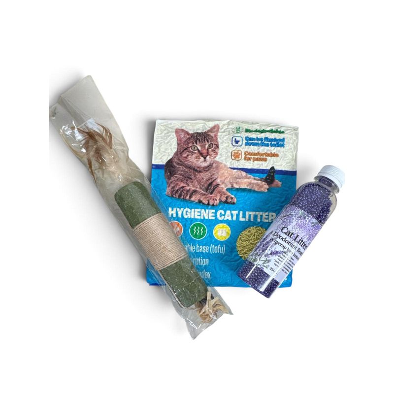 Petshop - Ingrijire si Igiena - Asternuturi si substraturi - Asternuturi igienice - Set Igiena Pentru Pisici Cu Asternut Vegetal Lavanda, 6 L, Deodorant Litiera Si Jucarie Dentara Cu Catnip, Sisal Si Pene - Infinity.ro