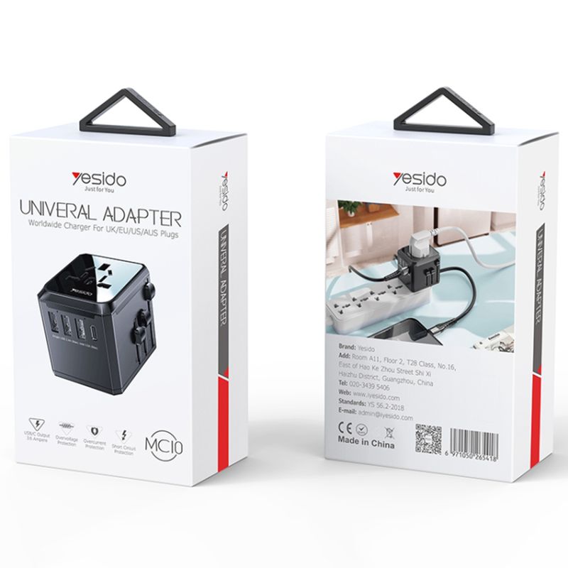 Laptop, Telefoane si Tablete - Telefoane mobile si accesorii - Accesorii Telefoane - Incarcatoare telefoane - Incarcator priza pentru calatorie 3x USB, Type-C, EU, UK, US, AUS, 3.6A - Yesido (MC10) - Negru - Infinity.ro