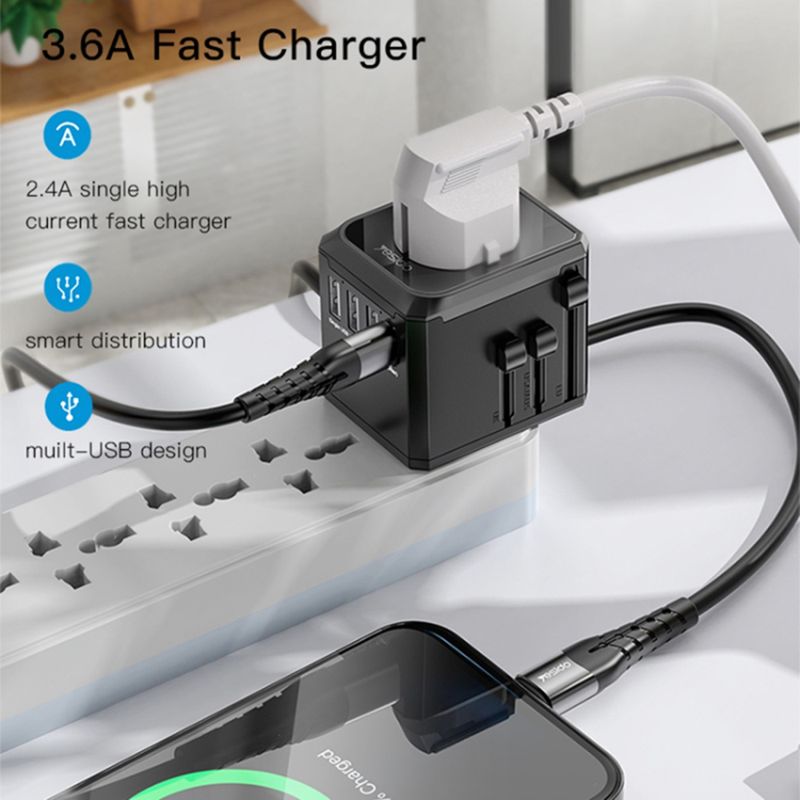 Laptop, Telefoane si Tablete - Telefoane mobile si accesorii - Accesorii Telefoane - Incarcatoare telefoane - Incarcator priza pentru calatorie 3x USB, Type-C, EU, UK, US, AUS, 3.6A - Yesido (MC10) - Negru - Infinity.ro