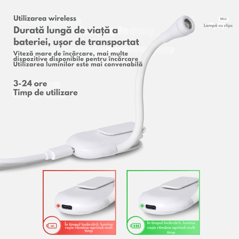Carti si Birotica - Carti - Accesorii pentru cititori - Lampa LED pentru citit cu clema, Portabila, Reincarcabila USB, 3 Temperaturi de culoare, pozitionare peCarte - Infinity.ro