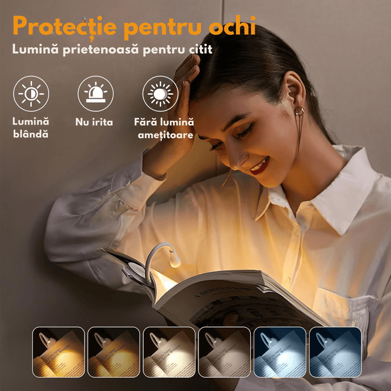 Carti si Birotica - Carti - Accesorii pentru cititori - Lampa LED pentru citit cu clema, Portabila, Reincarcabila USB, 3 Temperaturi de culoare, pozitionare peCarte - Infinity.ro