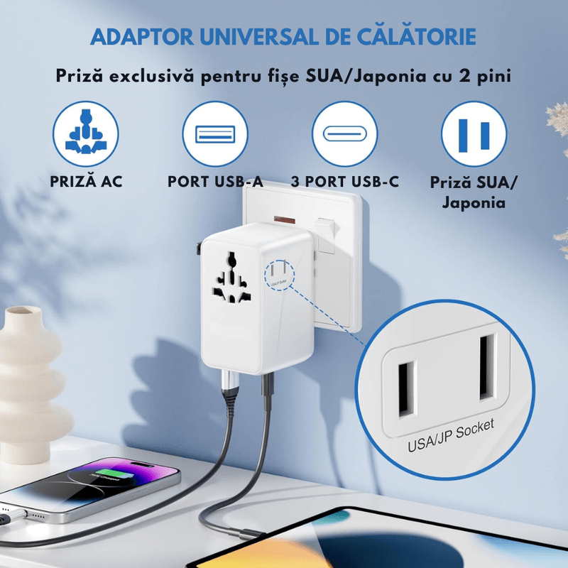 Casa si Gradina - Electrice - Accesorii electrice - Accesorii prize si intrerupatoare - Adaptor Universal Priza de Calatorie DASBO 140W, 6 In 1, Incarcator Global Portabil cu Incarcare Rapida PD 3.1 - Infinity.ro
