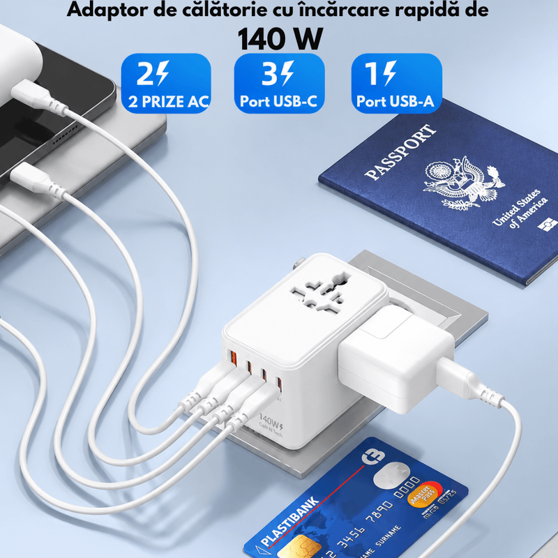 Casa si Gradina - Electrice - Accesorii electrice - Accesorii prize si intrerupatoare - Adaptor Universal Priza de Calatorie DASBO 140W, 6 In 1, Incarcator Global Portabil cu Incarcare Rapida PD 3.1 - Infinity.ro