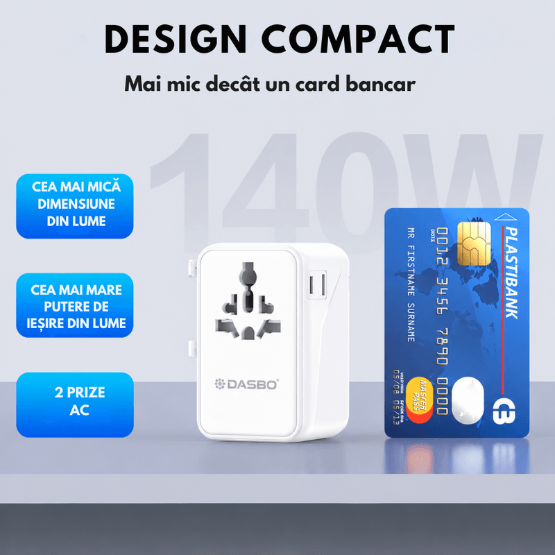 Casa si Gradina - Electrice - Accesorii electrice - Accesorii prize si intrerupatoare - Adaptor Universal Priza de Calatorie DASBO 140W, 6 In 1, Incarcator Global Portabil cu Incarcare Rapida PD 3.1 - Infinity.ro
