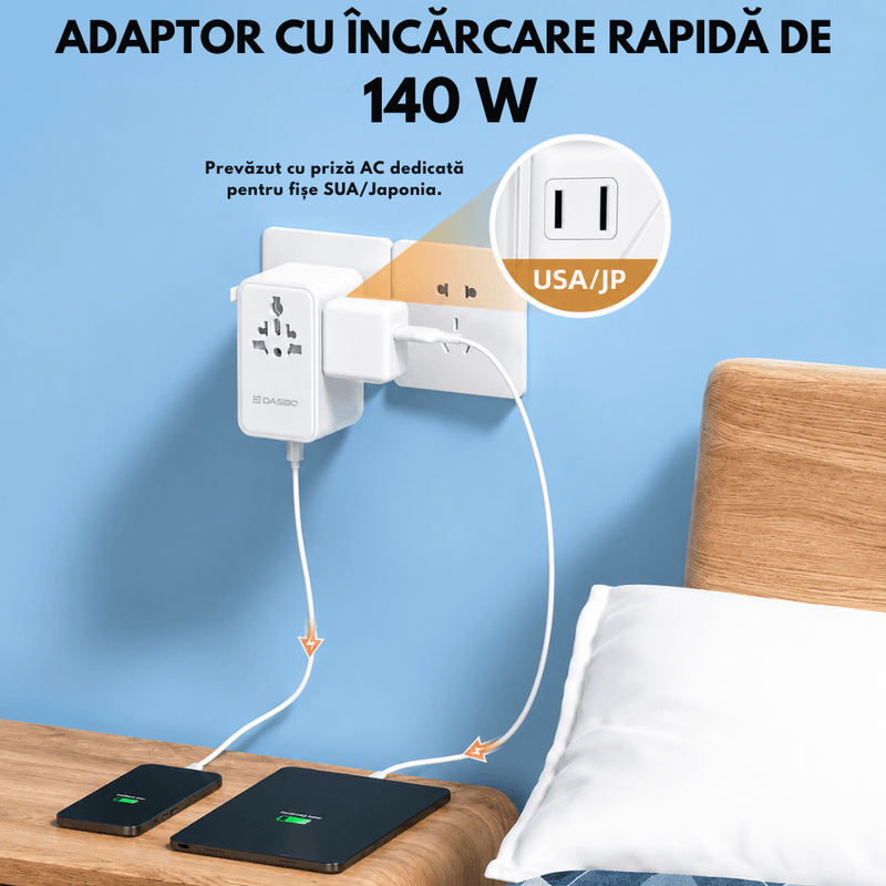 Casa si Gradina - Electrice - Accesorii electrice - Accesorii prize si intrerupatoare - Adaptor Universal Priza de Calatorie DASBO 140W, 6 In 1, Incarcator Global Portabil cu Incarcare Rapida PD 3.1 - Infinity.ro