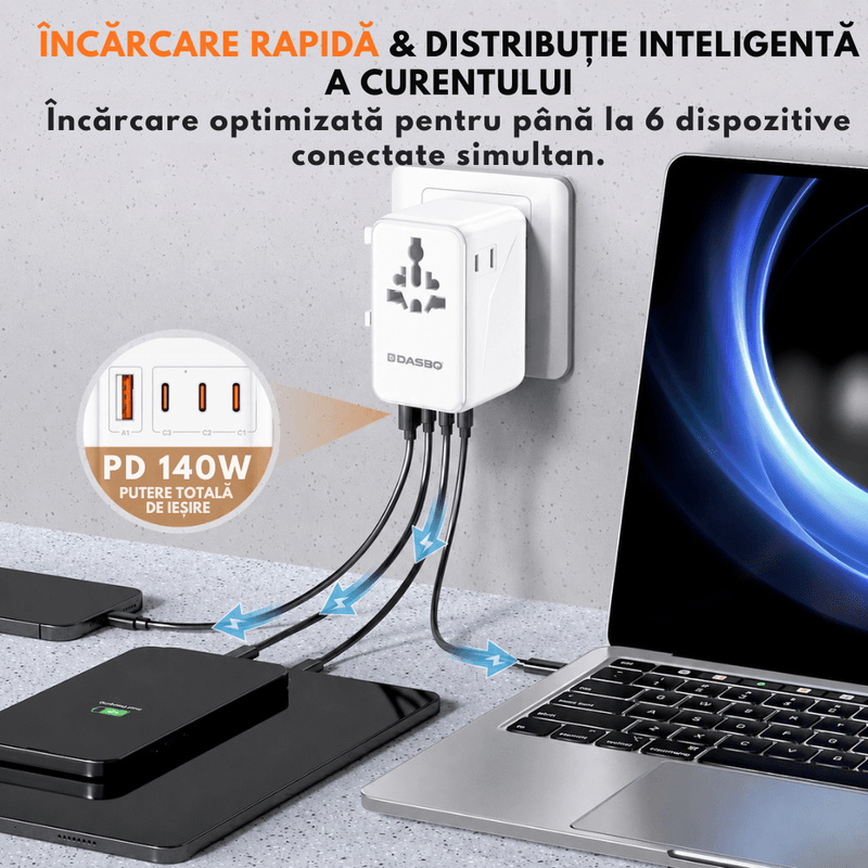 Casa si Gradina - Electrice - Accesorii electrice - Accesorii prize si intrerupatoare - Adaptor Universal Priza de Calatorie DASBO 140W, 6 In 1, Incarcator Global Portabil cu Incarcare Rapida PD 3.1 - Infinity.ro