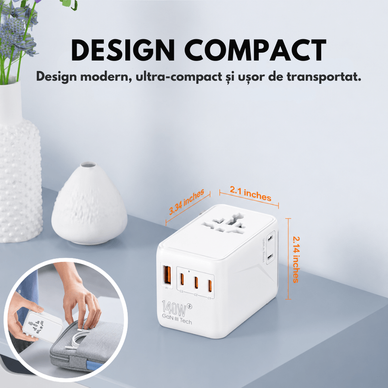 Casa si Gradina - Electrice - Accesorii electrice - Accesorii prize si intrerupatoare - Adaptor Universal Priza de Calatorie DASBO 140W, 6 In 1, Incarcator Global Portabil cu Incarcare Rapida PD 3.1 - Infinity.ro