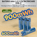 Casa si Gradina - Electrice - Accesorii electrice - Baterii, acumulatori si incarcatoare - Set 4 Acumulatori Reincarcabili AAA Li-Ion 1.5V 900mWh (600mAh Echivalent), Incarcare Directa USB-C, Cablu Inclus - Infinity.ro