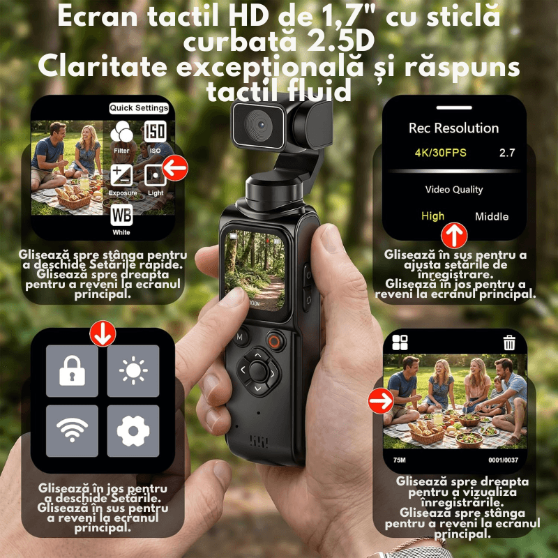 TV, Audio-Video si Foto - Camere de actiune si drone - Camere de actiune - Camera Video Vlogging 4K UHD, DASBO Pocket Camera, 64MP, Ecran tactil 1.72", Urmarire inteligenta a fetei AI,Stabilizare - Infinity.ro